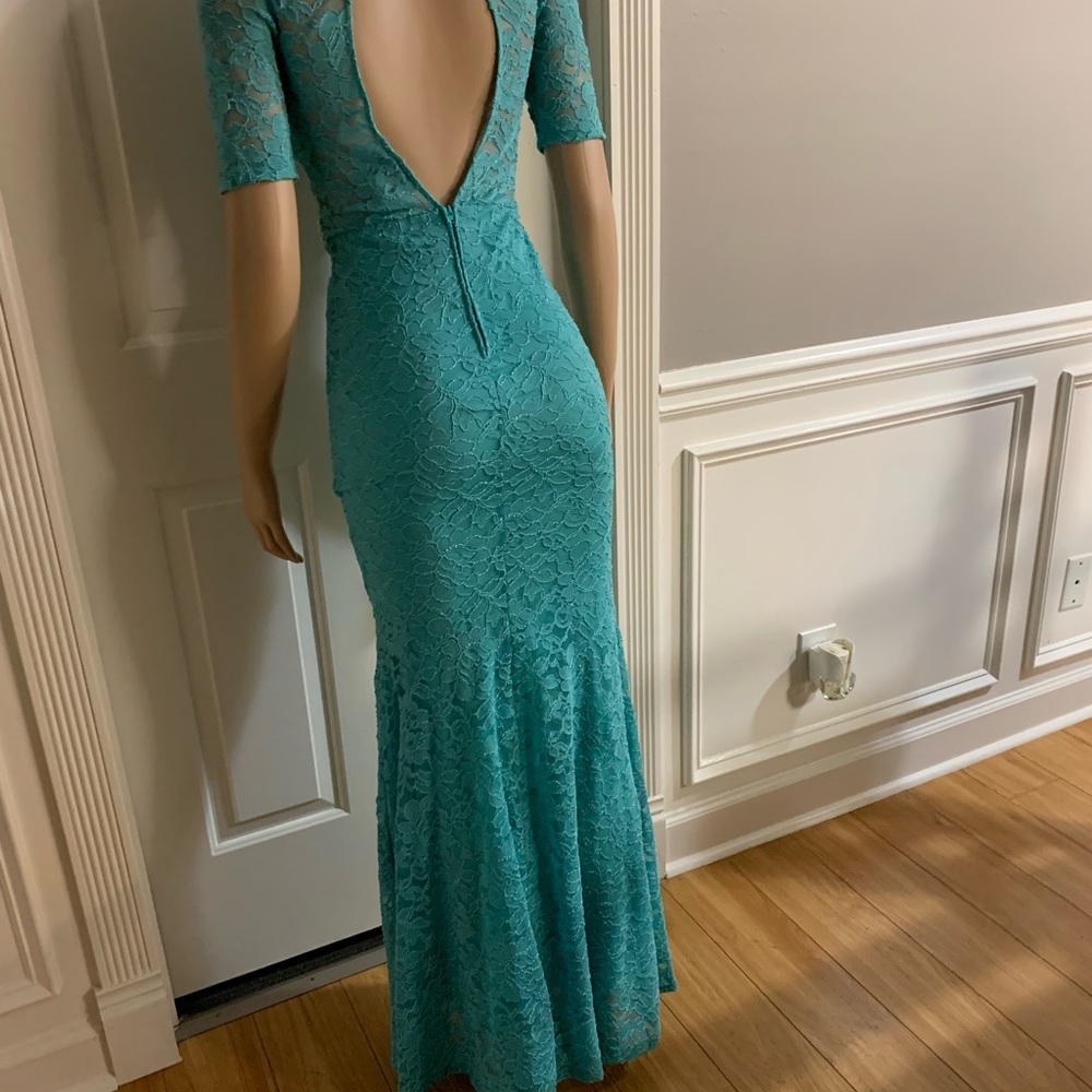 Women junior blue green lace bodycon mermaid maxi dress size (S) zipper back - Picture 7 of 14